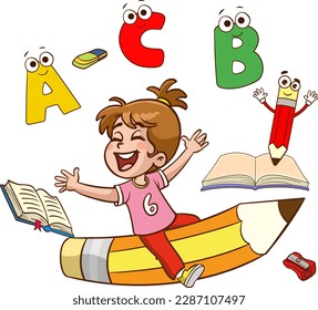 fun educational images with educational materials.Funny Kid Flying On Colorful Pencil cartoon vector