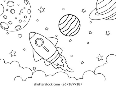 Fun and educational line art illustration for kids’ coloring books, printable worksheets, and preschool activities, space coloring page featuring a rocket flying through stars, planets, and the moon