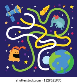 Fun Educational maze game. Space and planet theme mini games find the way for children collection. suitable for games, book print, apps, education, and other kids fun activity related.