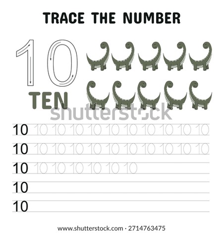 Fun and educational number 10 tracing worksheet with cute green dinosaurs.