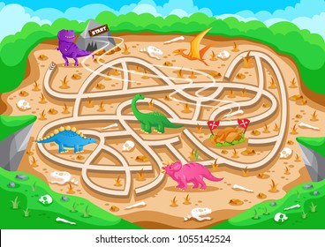 Fun Educational Prehistoric Dinosaur Theme Maze Puzzle Games For Children Illustration, suitable for games, book print, apps, education, and other kids fun activity related.