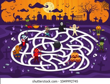 Fun Educational Scary Graveyard Character Theme Maze Puzzle Games For Children Illustration, suitable for games, book print, apps, education, and other kids fun activity related.