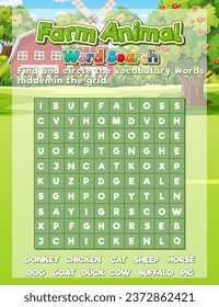 A fun and educational word search game with a farm animals theme