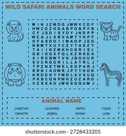 Fun educational word search game featuring wild safari animals for children to enjoy