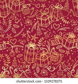 Fun and elegant christmas seamless pattern with christmas gifts and decoration - hand drawn doodles - great for wrapping, textiles, backdrop - vector surface design