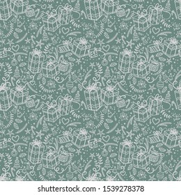 Fun and elegant christmas seamless pattern with christmas gifts and decoration - hand drawn doodles - great for wrapping, textiles, backdrop - vector surface design