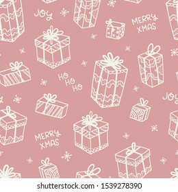 Fun and elegant christmas seamless pattern with christmas gifts and decoration - hand drawn doodles - great for wrapping, textiles, backdrop - vector surface design