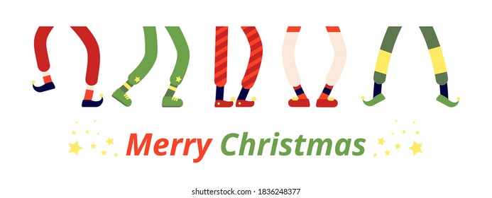 Fun elf feet. Leprechaun legs, dancing elves in shoes. Different dwarf stocking foot boot, funny holiday christmas celebrating vector banner