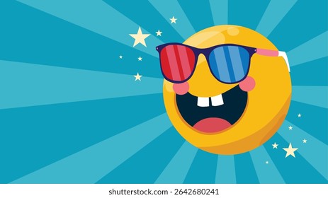 A fun emoji with colorful shades smiling confidently in radiant backdrop