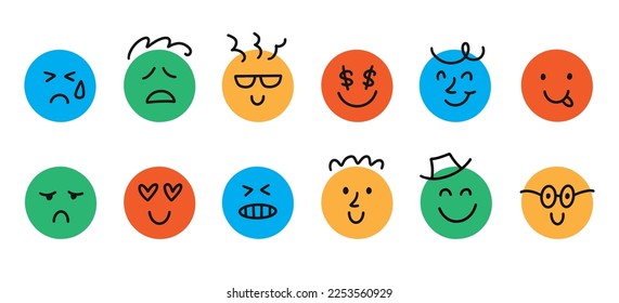 Fun Emoji Icon Set, Emoticon Doodle Faces with Happy, Sad Emotions. Vector illustrations Isolated on White