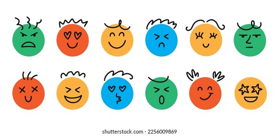 Fun Emoji Icon Set, Emoticon Doodle Faces with Happy, Sad Emotions. Friends Group Colorful Vector illustrations Isolated on White