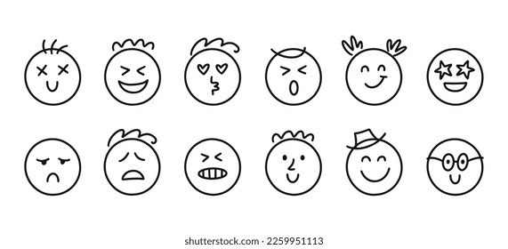 Fun Emoji Icon Set, Line Art Emoticon Doodle Faces with Happy, Sad Emotions. Kindergarten Children or School Student Friends Group. People Avatar Vector illustrations Isolated on White