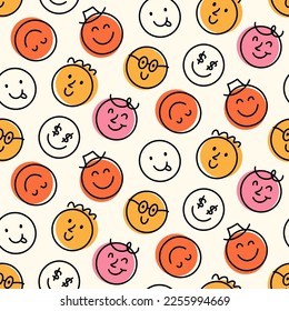 Fun Emoji Icons Seamless Pattern, Emoticon Doodle Faces Repeat Background Texture. Funky Joyful Vector Illustration. Funny Characters Website Backdrop Design, Textile, Fabric Print, Cartoon Style 