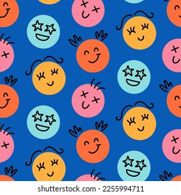Fun Emoji Icons Seamless Pattern, Emoticon Doodle Faces Repeat Background Texture. Funky Joyful Vector Illustration. Funny Characters Website Backdrop Design, Textile, Fabric Print, Cartoon Style