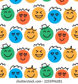 Fun Emoji Icons Seamless Pattern, Emoticon Doodle Faces Repeat Background Texture. Funky Joyful Vector Illustration. Funny Characters Website Backdrop Design, Textile, Fabric Print, Cartoon Style