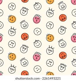 Fun Emoji Icons Seamless Pattern, Emoticon Doodle Faces Repeat Background Texture. Funky Joyful Vector Illustration. Funny Characters Website Backdrop Design, Textile, Fabric Print, Cartoon Style