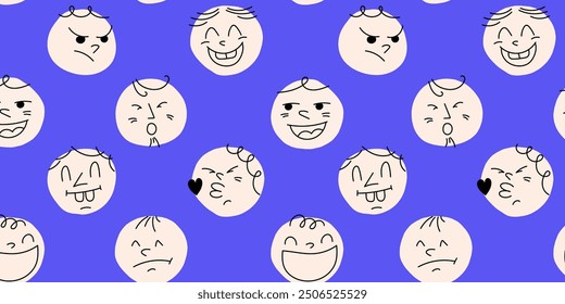 Fun Emoji Icons Seamless Pattern, Emoticon Doodle Faces Repeat Background Texture. Funky Joyful Vector Illustration. Funny Characters Website. Different colorful characters.