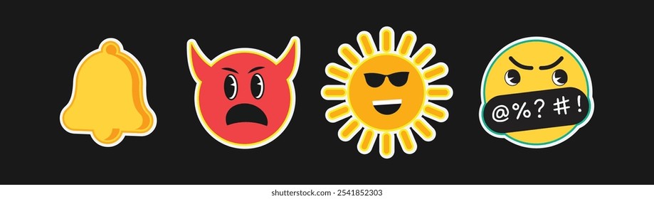 Fun Emoji Sticker Vector Set with Bell, Angry Devil, Cool Sun, and Censored Faces Ideal for Digital Expressions and Messaging

