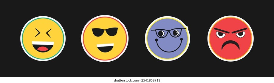 Conjunto de Vector divertido de la etiqueta engomada del emoji con la risa, las gafas de sol frescas, los vidrios del nerd, y las expresiones enojadas perfecto para los mensajes y las reacciones digitales

