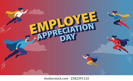  A fun Employee Appreciation Day banner featuring superheroes, representing employees as workplace heroes who go above and beyond in their roles.