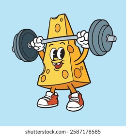 A fun and energetic cartoon illustration of a cheese wedge character lifting a barbell with heavy weights.