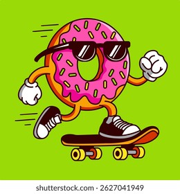 Fun and energetic cartoon illustration of a pink frosted donut character wearing sunglasses, gloves, and sneakers, riding a skateboard.
