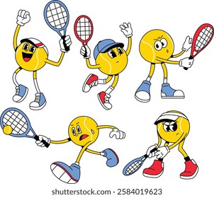 A fun and energetic cartoon-style illustration of a tennis ball character engaging in different tennis actions, featuring joyful expressions and dynamic poses. 