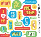 Fun, energetic collage of words expressing excitement, joy and wonder
Colorful vector drawing of more than 20 cartoon speech bubbles using words like wow to express cheering, happiness and positivity.