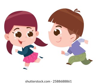 A fun and energetic digital illustration of a boy and girl running happily. The characters have big expressive eyes and joyful expressions, showcasing excitement and playfulness. 