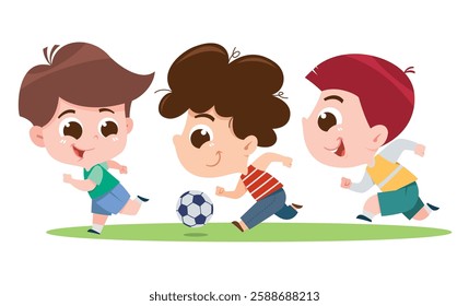 A fun and energetic digital illustration of three boys playing soccer on a grassy field.