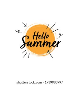Fun and energetic Hello Summer textured cursive handwritten style typography with a sun icon on isolated white background