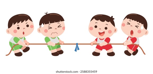 A fun and energetic illustration of four young boys participating in a tug-of-war game.