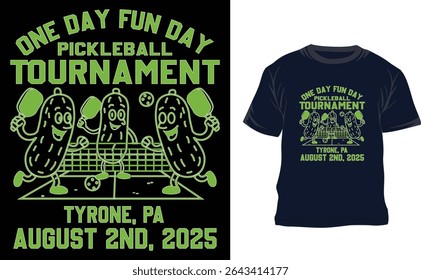 Fun and energetic one-color vector illustration for a pickleball tournament event titled "One Day Fun Day." This creative design features cartoon-style pickle characters playing with paddles and balls