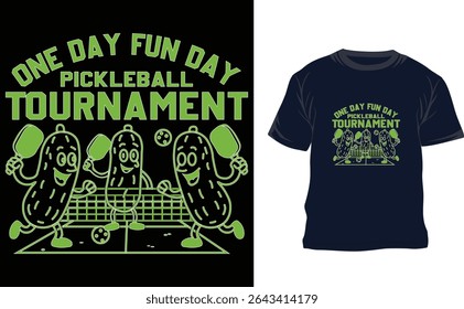 Fun and energetic one-color vector illustration for a pickleball tournament event titled "One Day Fun Day." This creative design features cartoon-style pickle characters playing with paddles and balls