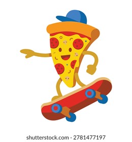 Fun and energetic pizza slice mascot character wearing a stylish blue baseball cap, cruising on a red skateboard. Playful food design for fast food and youth themes.