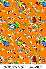 A fun and energetic seamless textile pattern featuring adorable cartoon monkeys in playful poses, surrounded by colorful alphabet blocks and cheerful 