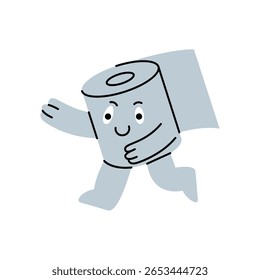 Um personagem de papel higiênico divertido e energético correndo com um grande sorriso. Ilustração vetorial.