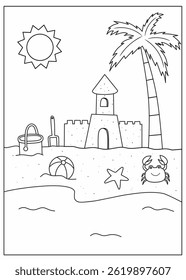A fun and engaging beach-themed coloring page for kids, featuring a sandcastle, palm tree, sun, beach toys, a crab, and sea elements. This black and white illustration is perfect for summer activity 