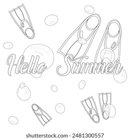 A fun and engaging coloring page featuring diving fins, bubbles, and Hello Summer text. Perfect for summertime creativity.