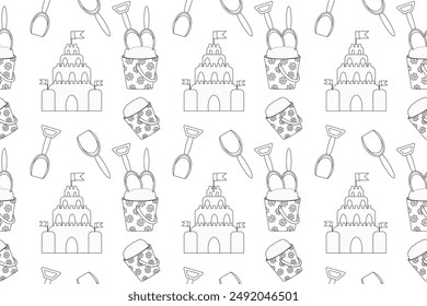 A fun and engaging coloring page featuring sand toys, perfect for kids to enjoy summer beach activities.