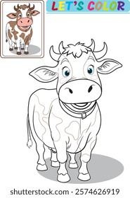 Fun and engaging cow coloring page for kids. This printable features a friendly cartoon cow with big blue eyes and cute pink cheeks. Use the reference image provided in the top left corner to guide yo