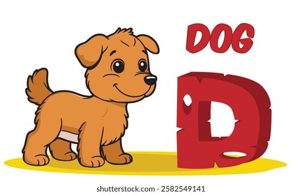 A fun and engaging D for Dog vector illustration perfect for preschool learning flashcards and educational materials isolated on a white background for easy use in kids’ education projects