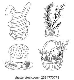 A fun and engaging Easter-themed coloring page featuring a bunny holding an egg, a traditional Easter cake, a basket with eggs, and willow branches.