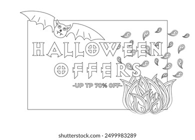 A fun and engaging Halloween coloring page featuring a sale banner with a bat and flames. Perfect for kids to color during the Halloween season.