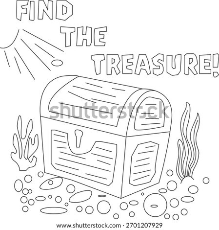 A fun, engaging line art illustration perfect for children's coloring activities, showcasing a hidden treasure chest on the seabed.