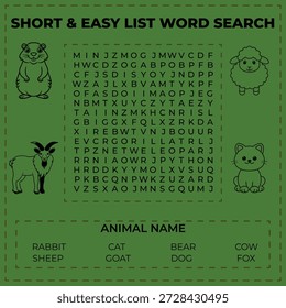 A fun and engaging short and easy animal name word search puzzle for kids