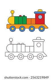 A fun and engaging toy-colorful-train coloring page featuring a cheerful locomotive with vibrant patterns, inviting creativity with bright hues and imaginative designs.