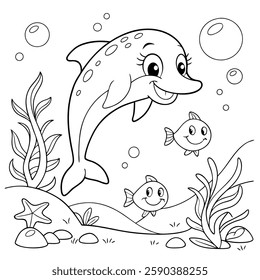 Fun and Engaging Underwater Coloring Page for Kids Featuring a Happy Dolphin and Fish