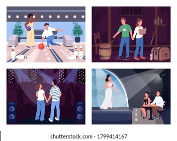 Fun evening dates flat color vector illustration set. Together on concert. Escape room quest. Weekend entertainment for two. Couple 2D cartoon characters with interior on background collection