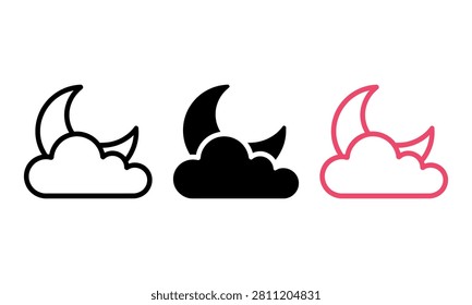 Fun evil cloud with devil horns and crescent moon outline icon set